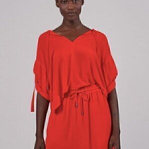 ATM Tie Neck Crepe Georgette Tunic Top in Flame NWT